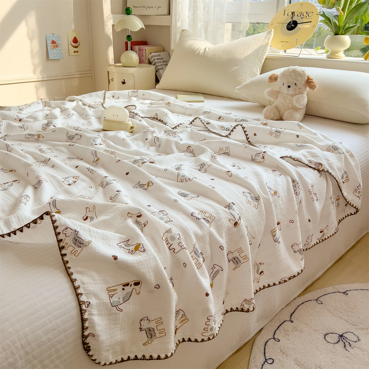 91家纺网 家纺一手货源 找家纺 布凡家居 2026新款A类贝壳边全棉双层纱布毯夏被毯盖毯双层纱浴巾毯 皱皱纱-调皮狗