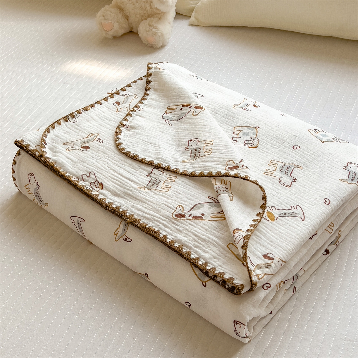 91家纺网 家纺一手货源 找家纺 布凡家居 2026新款A类贝壳边全棉双层纱布毯夏被毯盖毯双层纱浴巾毯 皱皱纱-调皮狗