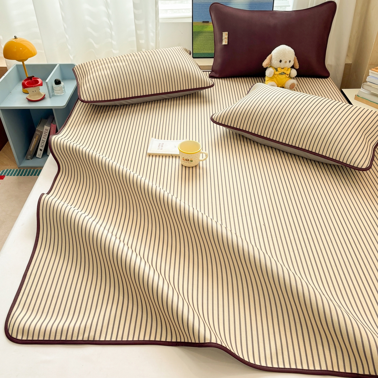 91家纺网 家纺一手货源 找家纺 雅居纺家纺 2026新款简约条纹系列凉席牛奶丝三明治底冰丝凉席 简约亮明黄条