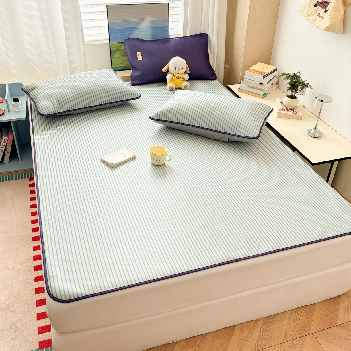 91家纺网 家纺一手货源 找家纺 雅居纺家纺 2026新款简约条纹系列凉席牛奶丝三明治底冰丝凉席 简约绿条