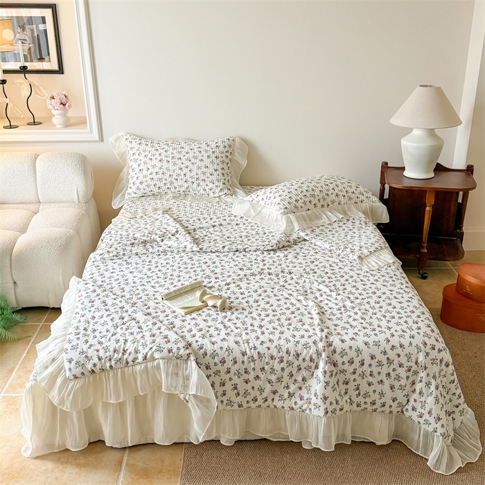 91家纺网 家纺一手货源 找家纺 吾欢心 2026新款仿锦安法式花边凉感丝床盖款夏凉被四件套软凉席三件套小冰皮空调被 复古蔷薇