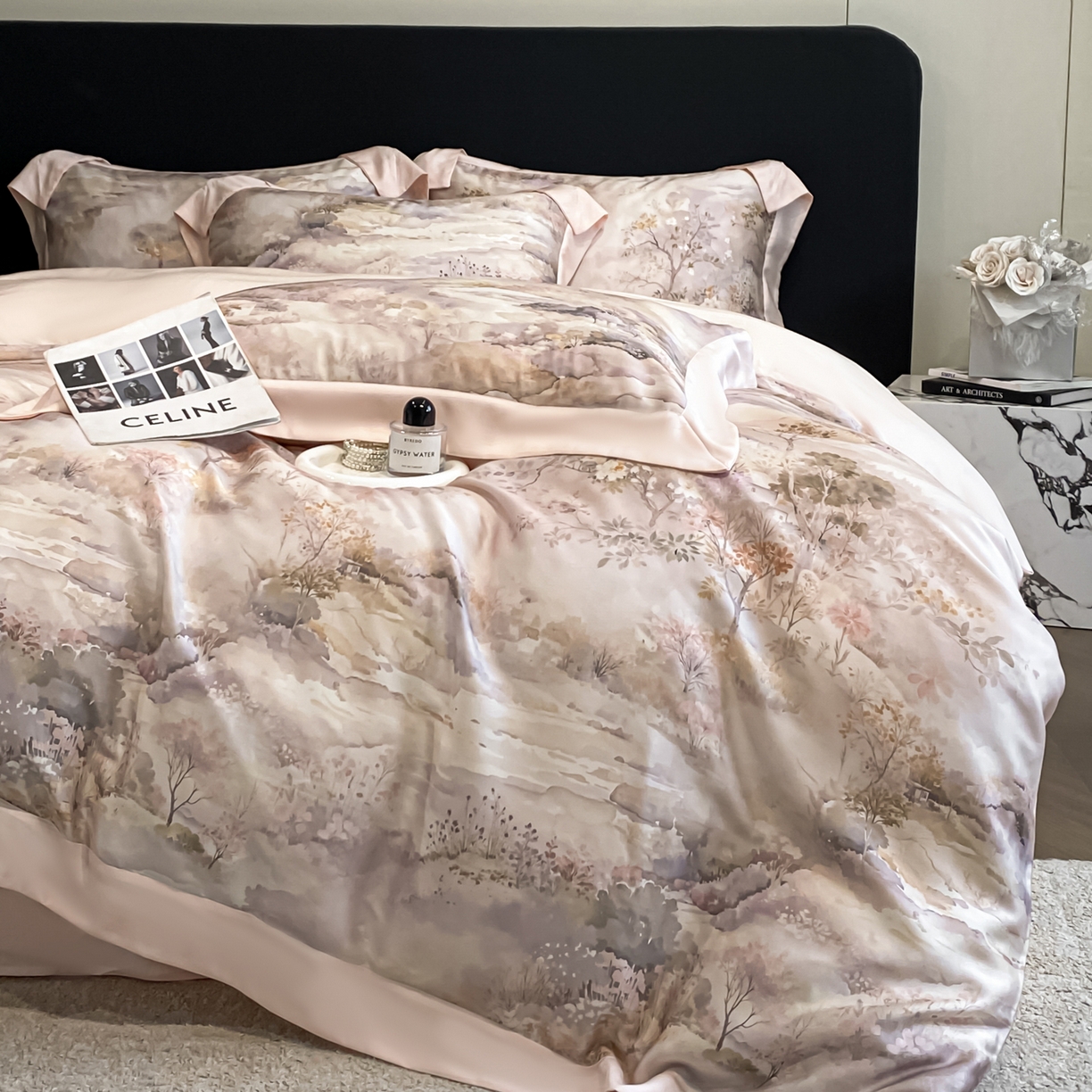 91家纺网 家纺一手货源 找家纺 （总）博纳家纺 2026新款天丝莱塞尔轻奢高端数码印花拼角宽边夏被四件套冰感凉感四件套--夏洛伊系列