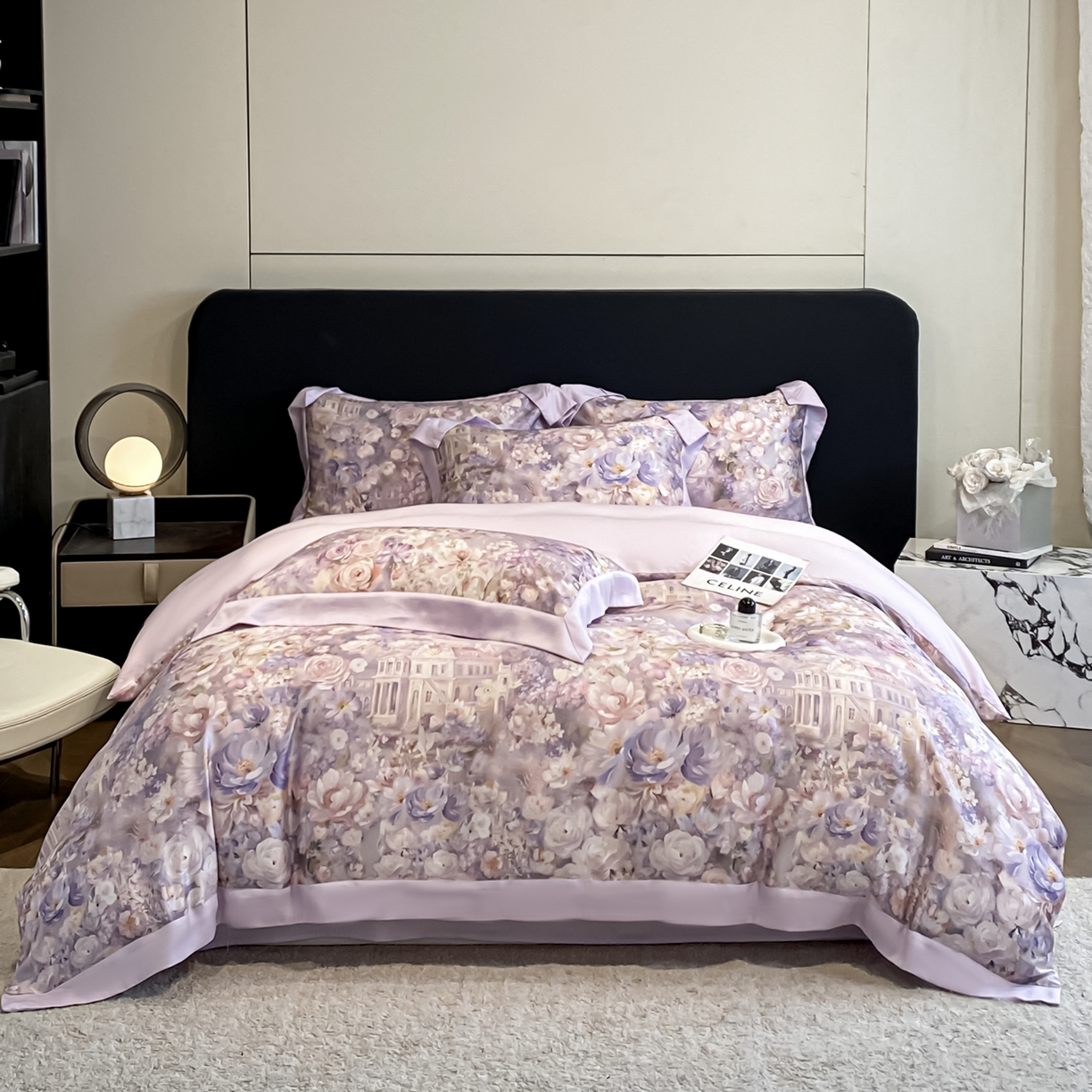 91家纺网 家纺一手货源 找家纺 博纳家纺 2026新款天丝莱塞尔轻奢高端数码印花拼角宽边夏被四件套冰感凉感四件套--夏洛伊系列 蔷薇庄园