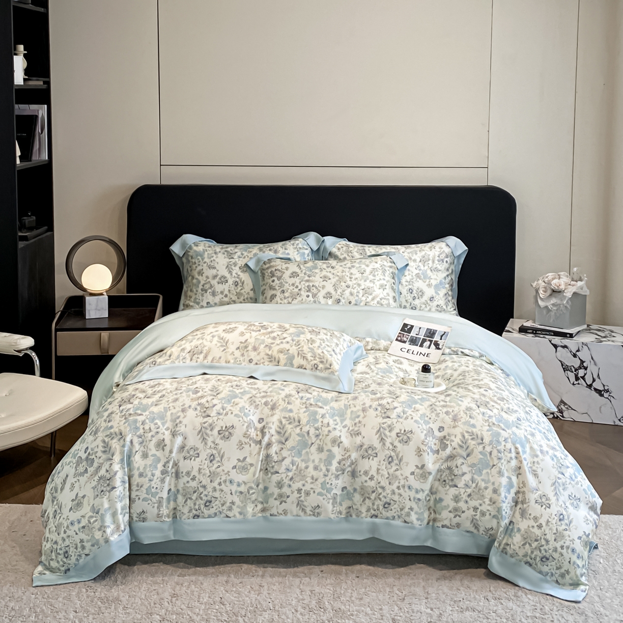 91家纺网 家纺一手货源 找家纺 博纳家纺 2026新款天丝莱塞尔轻奢高端数码印花拼角宽边夏被四件套冰感凉感四件套--夏洛伊系列 春亭序