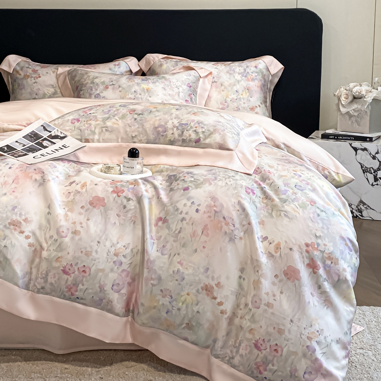 91家纺网 家纺一手货源 找家纺 博纳家纺 2026新款天丝莱塞尔轻奢高端数码印花拼角宽边夏被四件套冰感凉感四件套--夏洛伊系列 夏洛伊