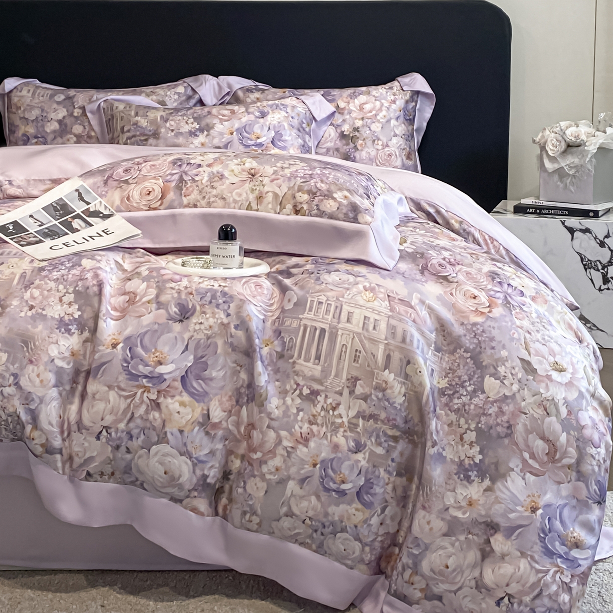 91家纺网 家纺一手货源 找家纺 博纳家纺 2026新款天丝莱塞尔轻奢高端数码印花拼角宽边夏被四件套冰感凉感四件套--夏洛伊系列 蔷薇庄园