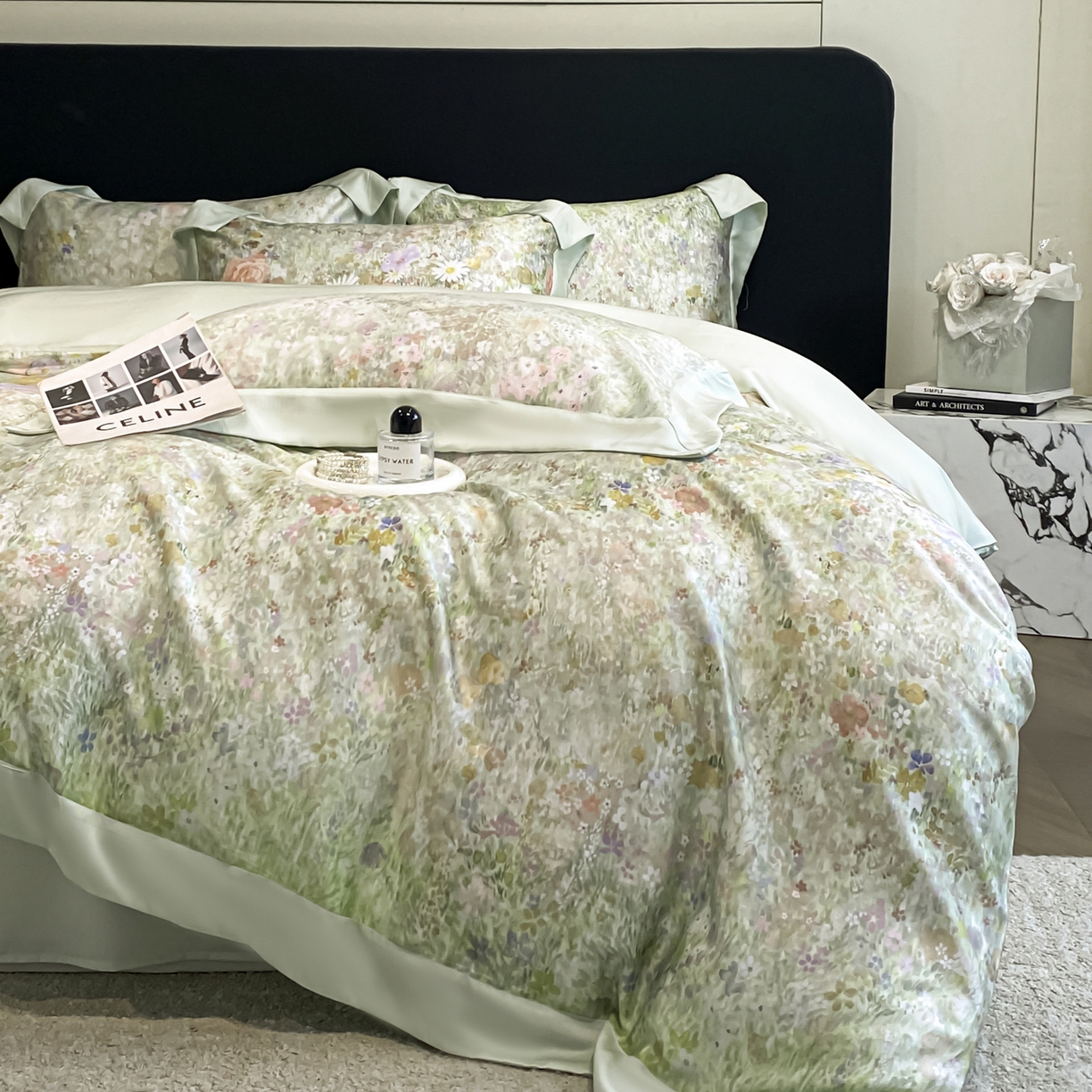 91家纺网 家纺一手货源 找家纺 博纳家纺 2026新款天丝莱塞尔轻奢高端数码印花拼角宽边夏被四件套冰感凉感四件套--夏洛伊系列 漫枝