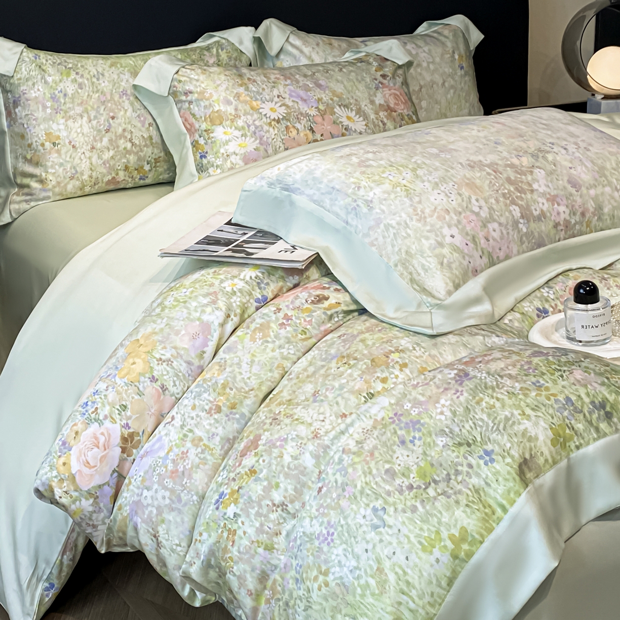 91家纺网 家纺一手货源 找家纺 博纳家纺 2026新款天丝莱塞尔轻奢高端数码印花拼角宽边夏被四件套冰感凉感四件套--夏洛伊系列 漫枝