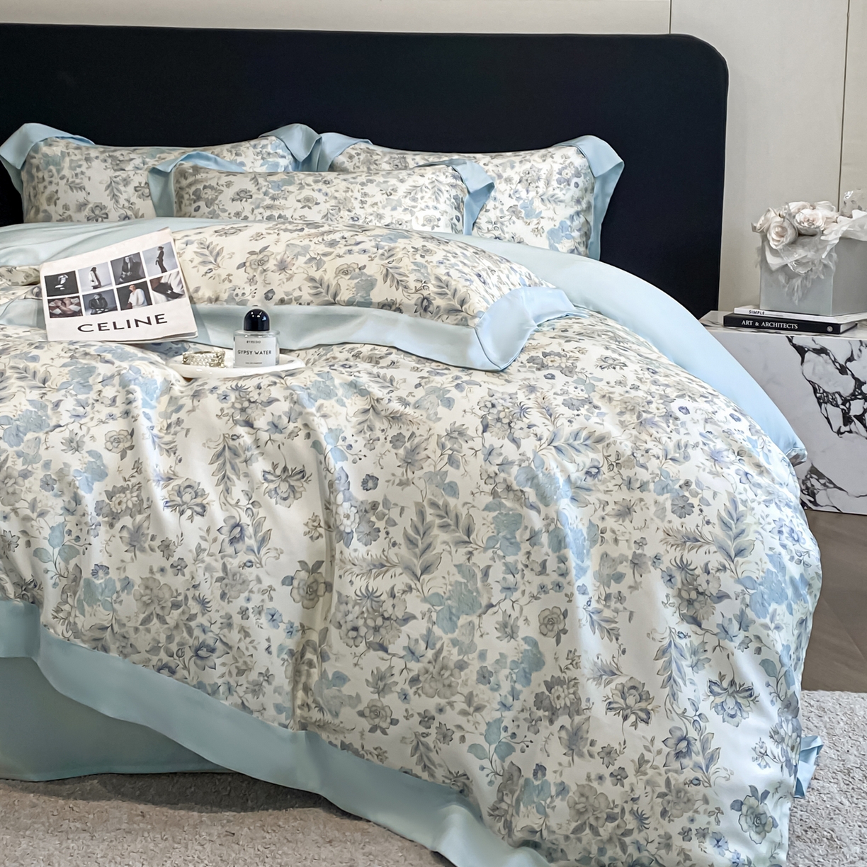 91家纺网 家纺一手货源 找家纺 博纳家纺 2026新款天丝莱塞尔轻奢高端数码印花拼角宽边夏被四件套冰感凉感四件套--夏洛伊系列 春亭序