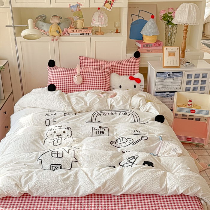 91家纺网 家纺一手货源 找家纺 （总）子钦家纺 2026春夏新款提花泡芙面INS风简笔画毛巾绣毛球床单床笠四件套