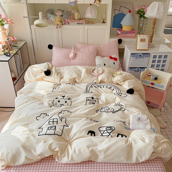 91家纺网 家纺一手货源 找家纺 （总）子钦家纺 2026春夏新款提花泡芙面INS风简笔画毛巾绣毛球床单床笠四件套