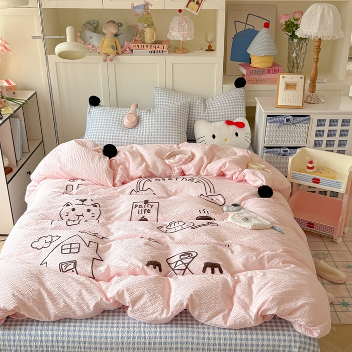 91家纺网 家纺一手货源 找家纺 （总）子钦家纺 2026春夏新款提花泡芙面INS风简笔画毛巾绣毛球床单床笠四件套