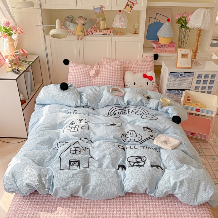 91家纺网 家纺一手货源 找家纺 （总）子钦家纺 2026春夏新款提花泡芙面INS风简笔画毛巾绣毛球床单床笠四件套