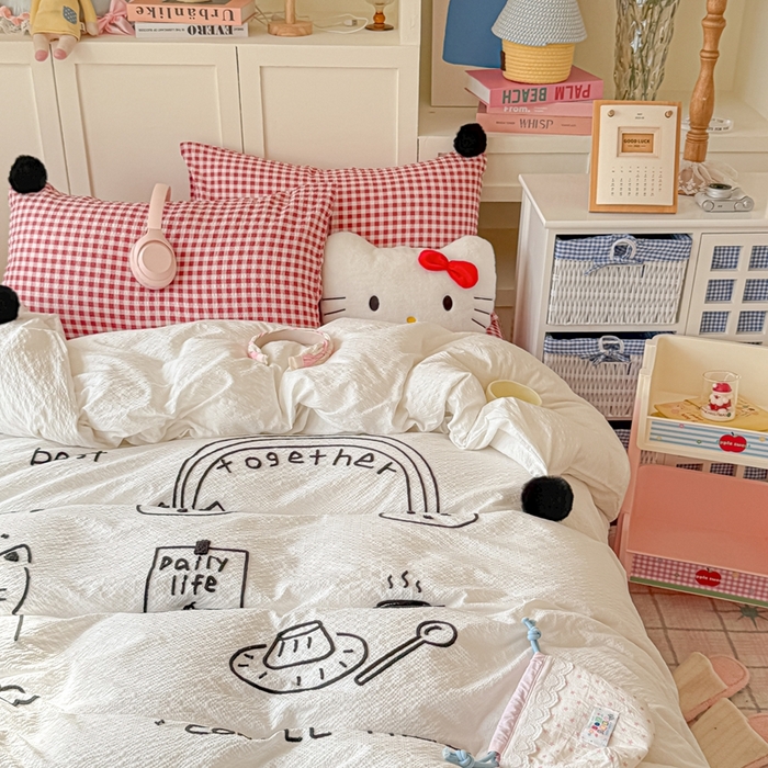 91家纺网 家纺一手货源 找家纺 （总）子钦家纺 2026春夏新款提花泡芙面INS风简笔画毛巾绣毛球床单床笠四件套