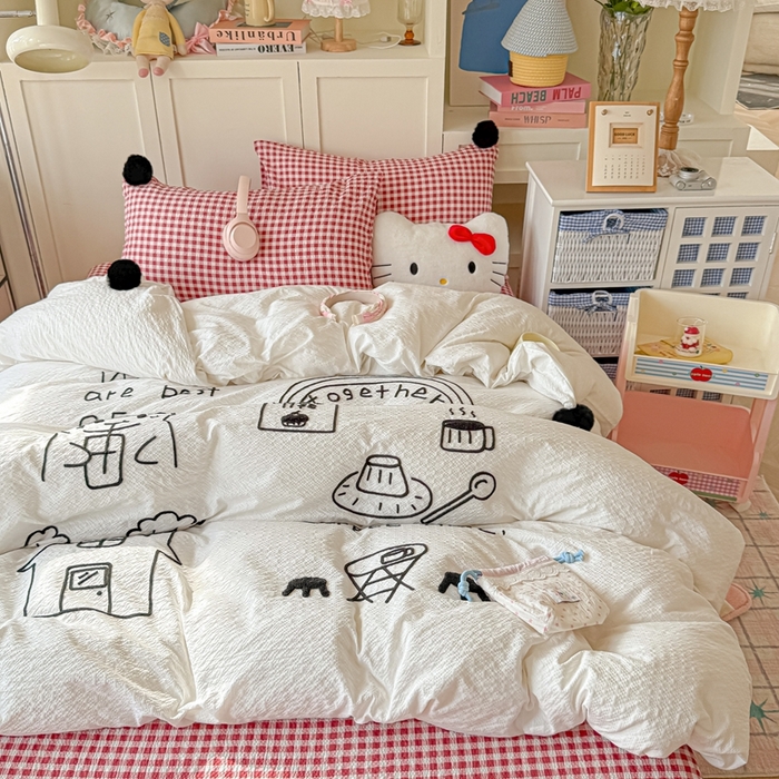 91家纺网 家纺一手货源 找家纺 （总）子钦家纺 2026春夏新款提花泡芙面INS风简笔画毛巾绣毛球床单床笠四件套