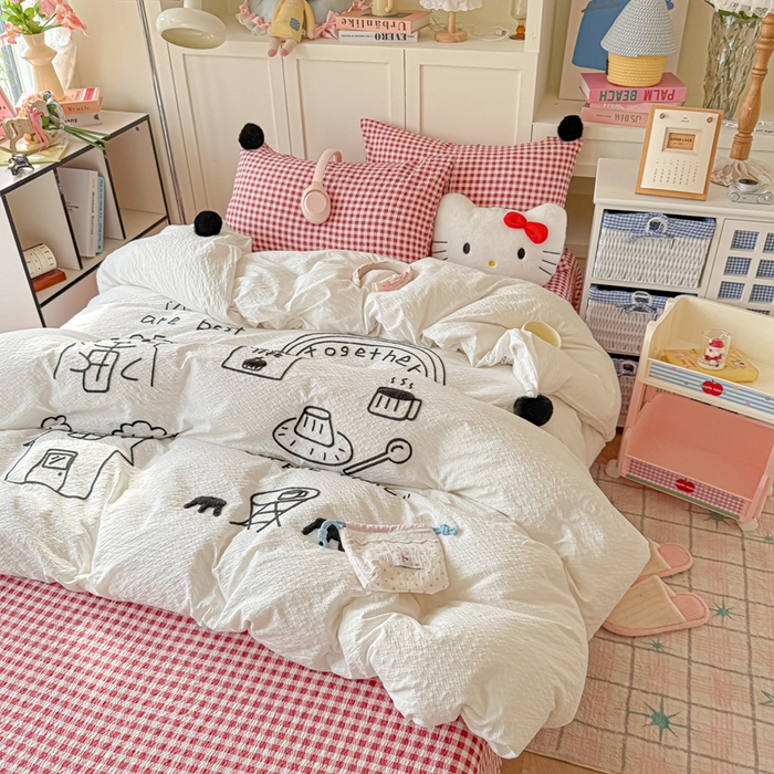 91家纺网 家纺一手货源 找家纺 （总）子钦家纺 2026春夏新款提花泡芙面INS风简笔画毛巾绣毛球床单床笠四件套