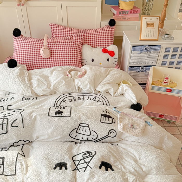 91家纺网 家纺一手货源 找家纺 （总）子钦家纺 2026春夏新款提花泡芙面INS风简笔画毛巾绣毛球床单床笠四件套