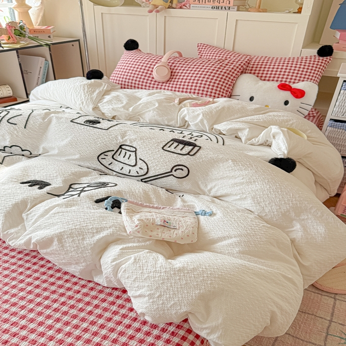 91家纺网 家纺一手货源 找家纺 （总）子钦家纺 2026春夏新款提花泡芙面INS风简笔画毛巾绣毛球床单床笠四件套