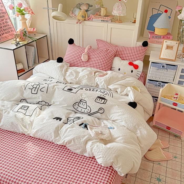 91家纺网 家纺一手货源 找家纺 （总）子钦家纺 2026春夏新款提花泡芙面INS风简笔画毛巾绣毛球床单床笠四件套