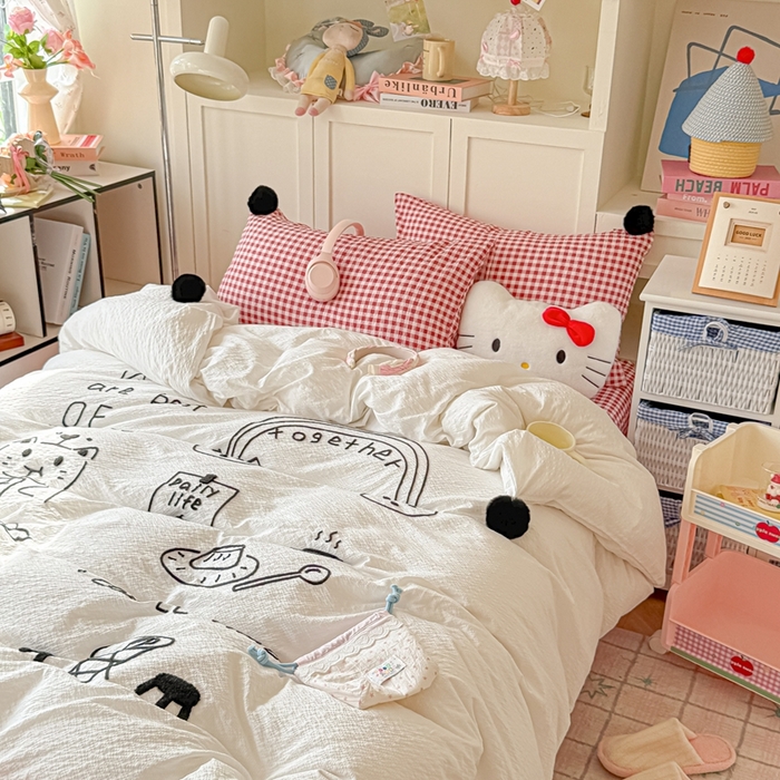 91家纺网 家纺一手货源 找家纺 （总）子钦家纺 2026春夏新款提花泡芙面INS风简笔画毛巾绣毛球床单床笠四件套