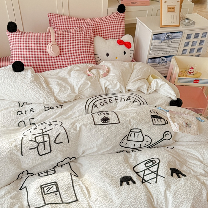 91家纺网 家纺一手货源 找家纺 （总）子钦家纺 2026春夏新款提花泡芙面INS风简笔画毛巾绣毛球床单床笠四件套