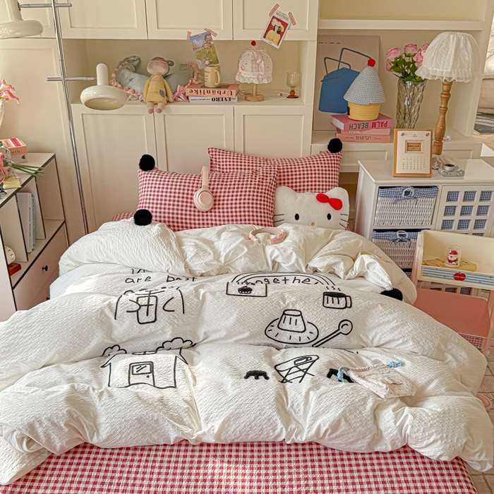 91家纺网 家纺一手货源 找家纺 （总）子钦家纺 2026春夏新款提花泡芙面INS风简笔画毛巾绣毛球床单床笠四件套