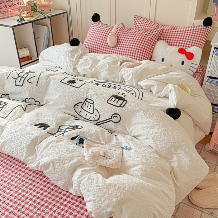 91家纺网 家纺一手货源 找家纺 （总）子钦家纺 2026春夏新款提花泡芙面INS风简笔画毛巾绣毛球床单床笠四件套