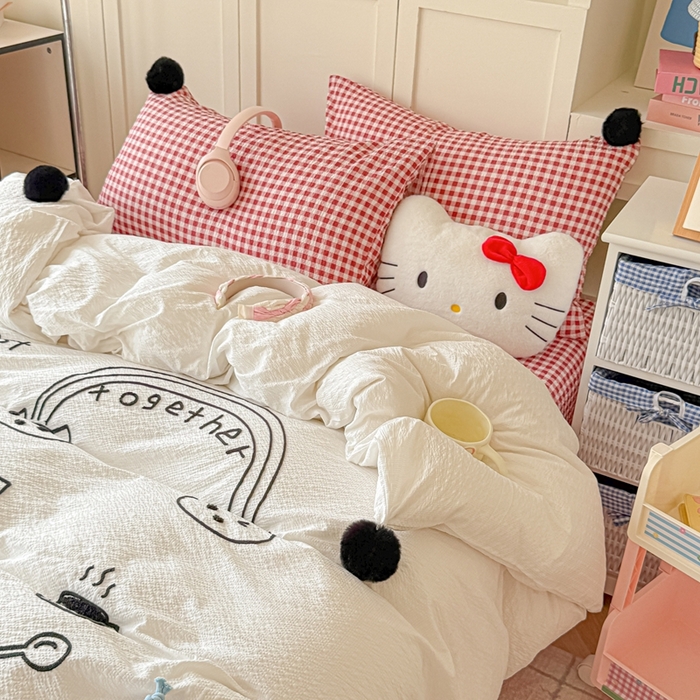 91家纺网 家纺一手货源 找家纺 （总）子钦家纺 2026春夏新款提花泡芙面INS风简笔画毛巾绣毛球床单床笠四件套