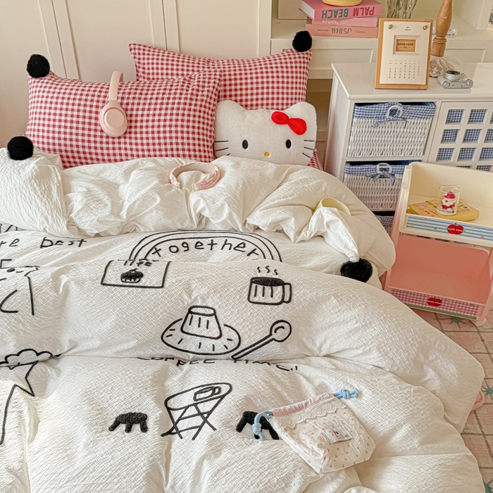 91家纺网 家纺一手货源 找家纺 （总）子钦家纺 2026春夏新款提花泡芙面INS风简笔画毛巾绣毛球床单床笠四件套