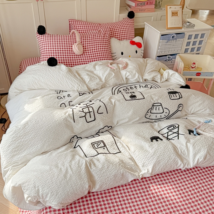 91家纺网 家纺一手货源 找家纺 （总）子钦家纺 2026春夏新款提花泡芙面INS风简笔画毛巾绣毛球床单床笠四件套