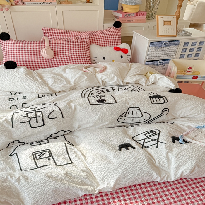 91家纺网 家纺一手货源 找家纺 （总）子钦家纺 2026春夏新款提花泡芙面INS风简笔画毛巾绣毛球床单床笠四件套