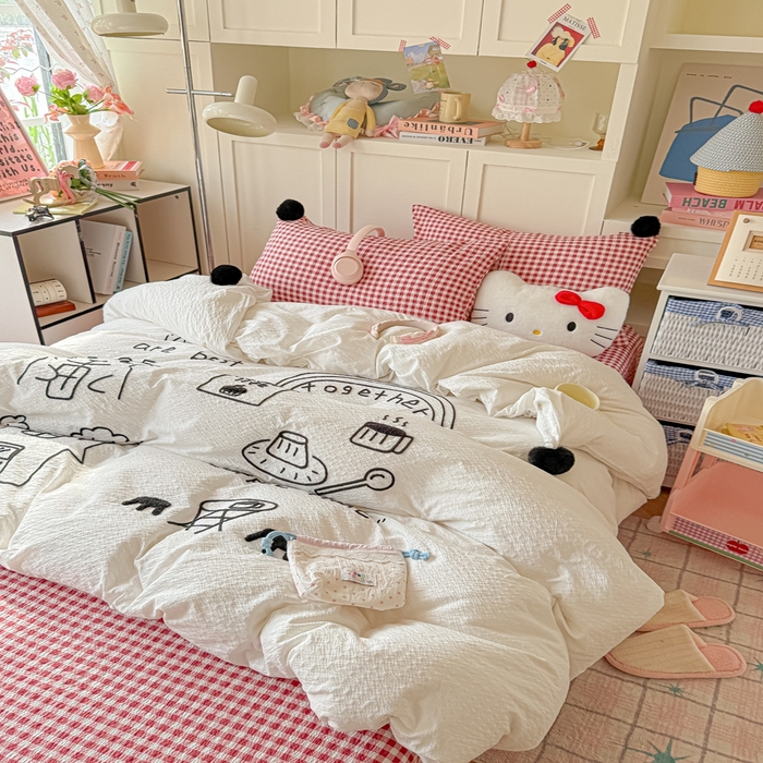 91家纺网 家纺一手货源 找家纺 （总）子钦家纺 2026春夏新款提花泡芙面INS风简笔画毛巾绣毛球床单床笠四件套