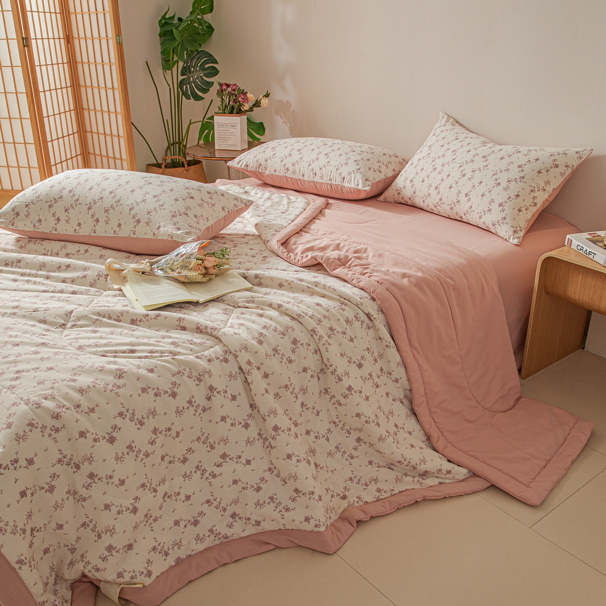 91家纺网 家纺一手货源 找家纺 江暮云家纺 2026新款A类亚麻印花新疆棉花被 粉雾花影