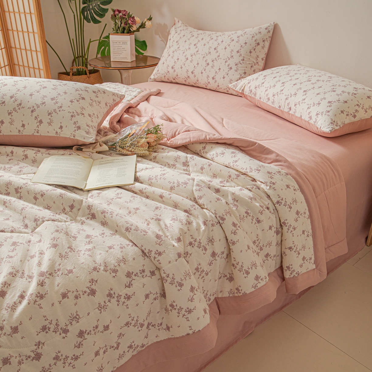 91家纺网 家纺一手货源 找家纺 江暮云家纺 2026新款A类亚麻印花新疆棉花被 粉雾花影