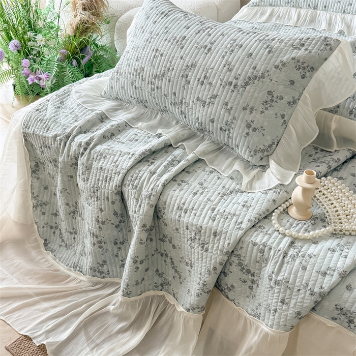 91家纺网 家纺一手货源 找家纺 吾欢心 2026新款仿锦安法式花边凉感丝床盖款夏凉被四件套软凉席三件套小冰皮空调被 清蔓雅序