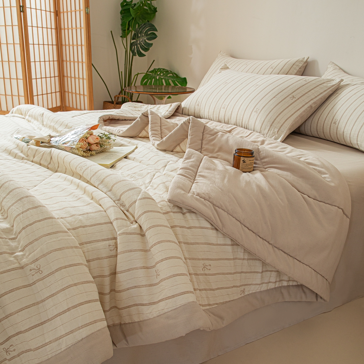 91家纺网 家纺一手货源 找家纺 江暮云家纺 2026新款A类亚麻印花新疆棉花被 奶棕蝴蝶结