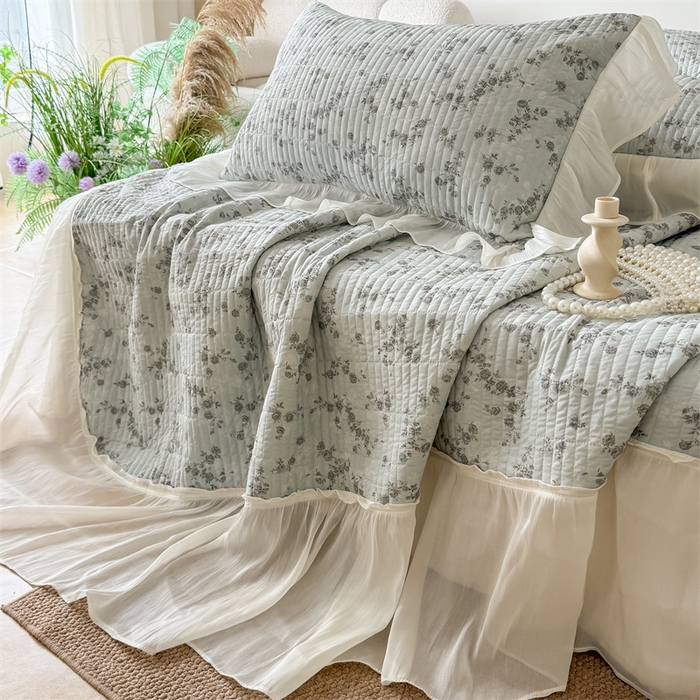 91家纺网 家纺一手货源 找家纺 吾欢心 2026新款仿锦安法式花边凉感丝床盖款夏凉被四件套软凉席三件套小冰皮空调被 清蔓雅序