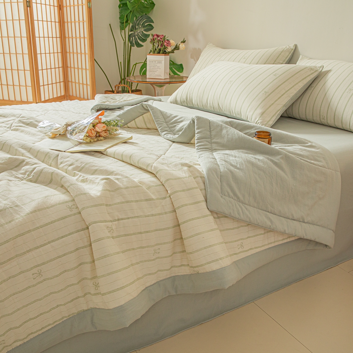 91家纺网 家纺一手货源 找家纺 江暮云家纺 2026新款A类亚麻印花新疆棉花被 青条蝴蝶结