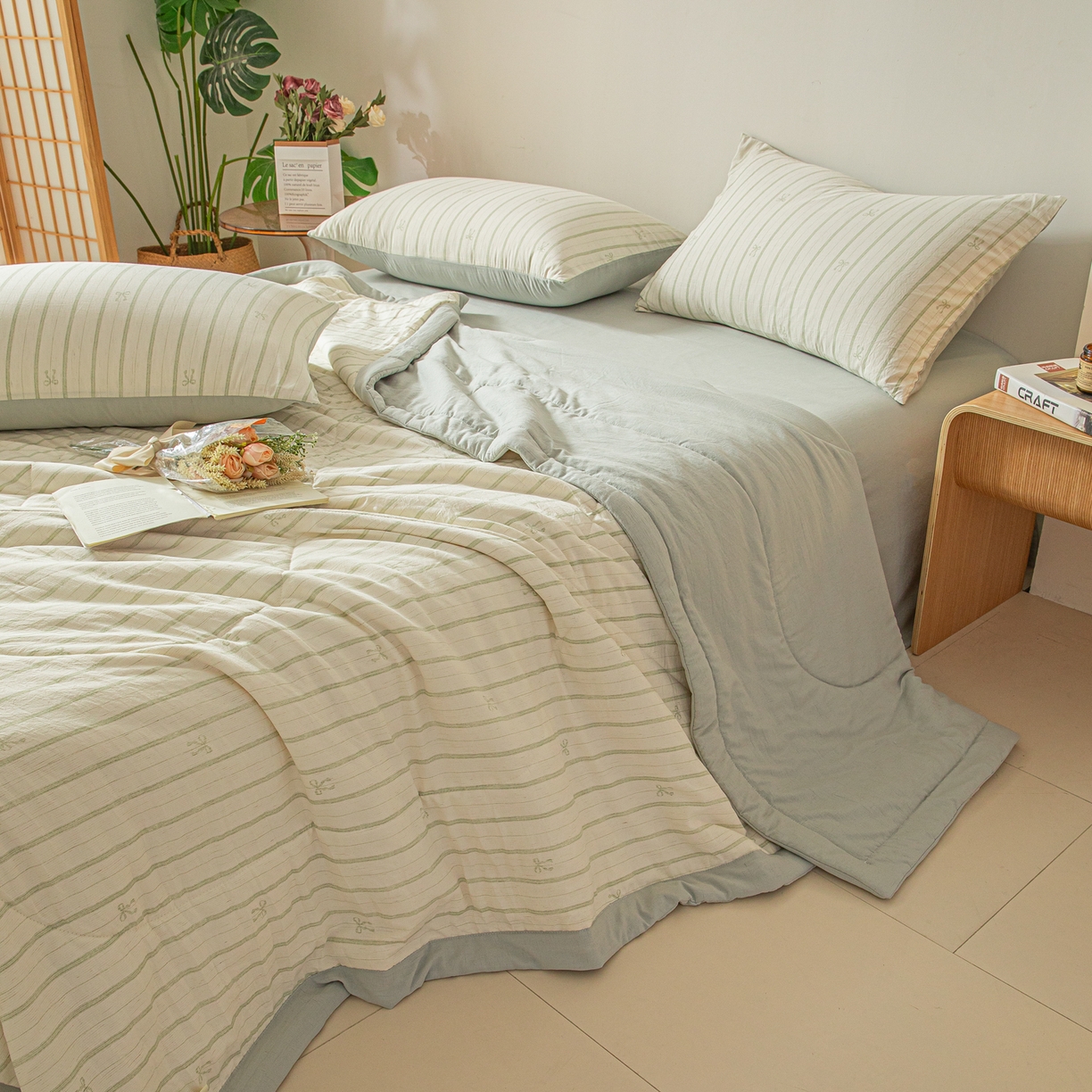 91家纺网 家纺一手货源 找家纺 江暮云家纺 2026新款A类亚麻印花新疆棉花被 青条蝴蝶结