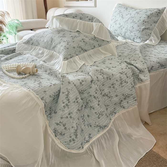 91家纺网 家纺一手货源 找家纺 吾欢心 2026新款仿锦安法式花边凉感丝床盖款夏凉被四件套软凉席三件套小冰皮空调被 清蔓雅序