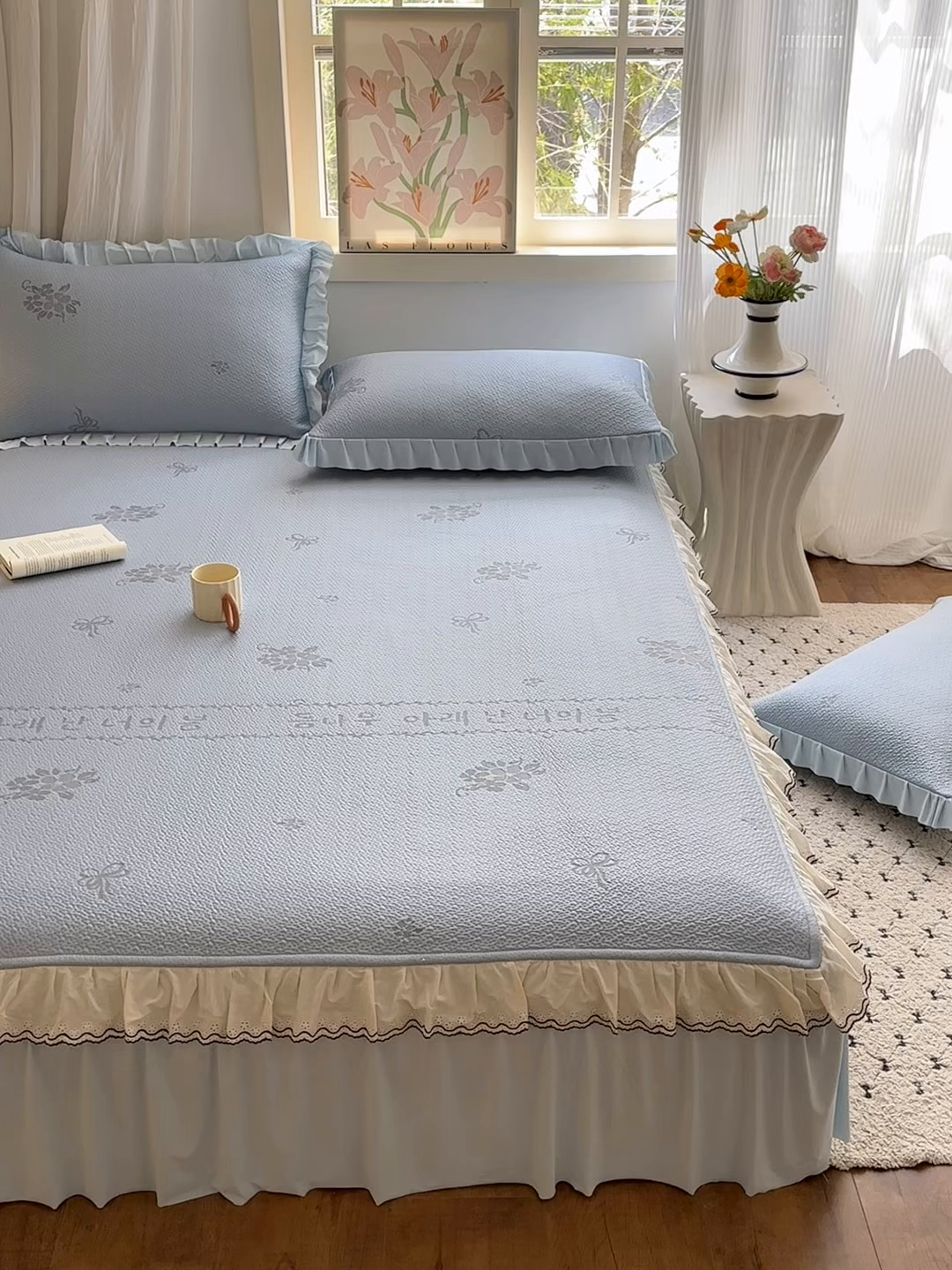 91家纺网 家纺一手货源 找家纺 美优兰 2026PE提花凉感冰豆豆三明治复合凉席 （提供买家秀） 韩式蓝