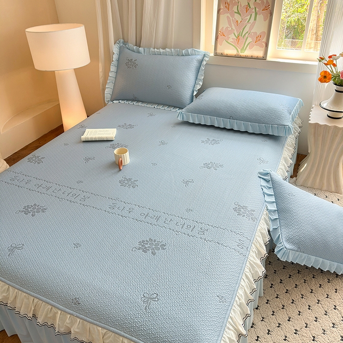 91家纺网 家纺一手货源 找家纺 美优兰 2026PE提花凉感冰豆豆三明治复合凉席 （提供买家秀） 韩式蓝