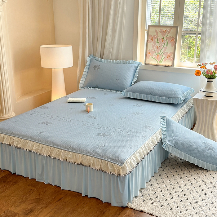 91家纺网 家纺一手货源 找家纺 美优兰 2026PE提花凉感冰豆豆三明治复合凉席 （提供买家秀） 韩式蓝