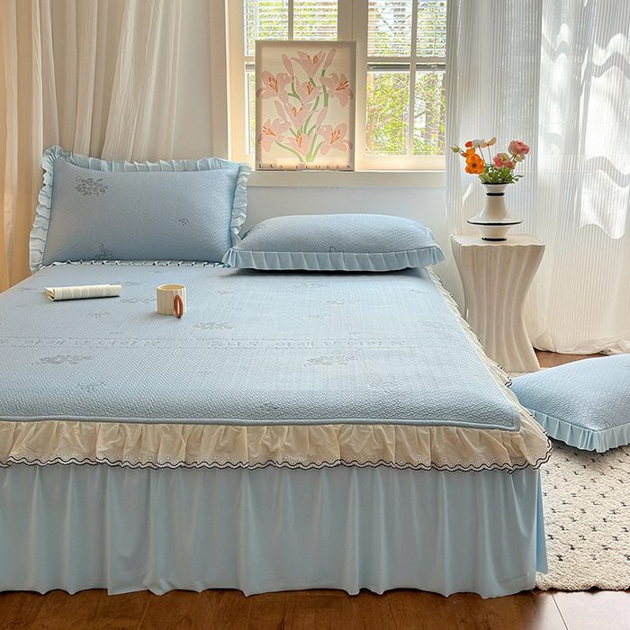 91家纺网 家纺一手货源 找家纺 美优兰 2026PE提花凉感冰豆豆三明治复合凉席 （提供买家秀） 韩式蓝