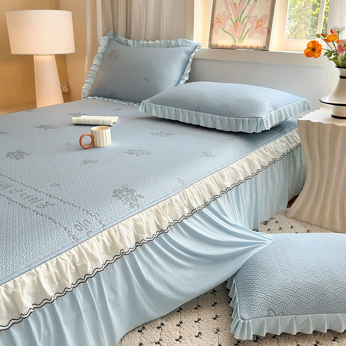 91家纺网 家纺一手货源 找家纺 美优兰 2026PE提花凉感冰豆豆三明治复合凉席 （提供买家秀） 韩式蓝