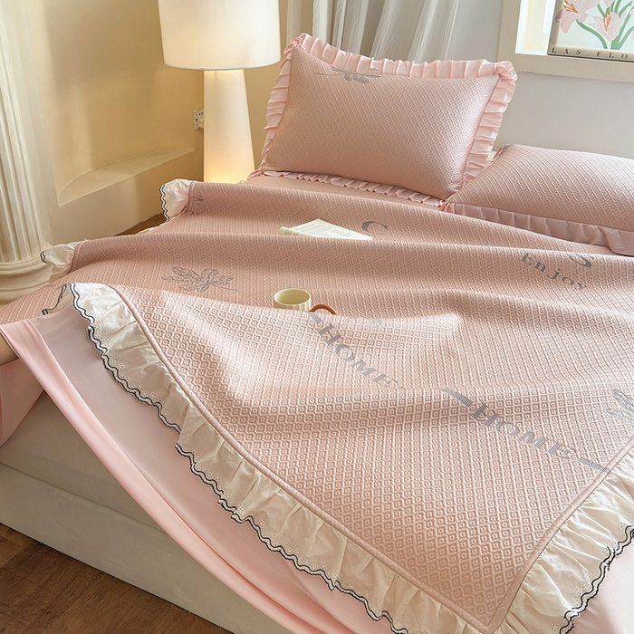 91家纺网 家纺一手货源 找家纺 美优兰 2026PE提花凉感冰豆豆三明治复合凉席 （提供买家秀） 晚亭粉