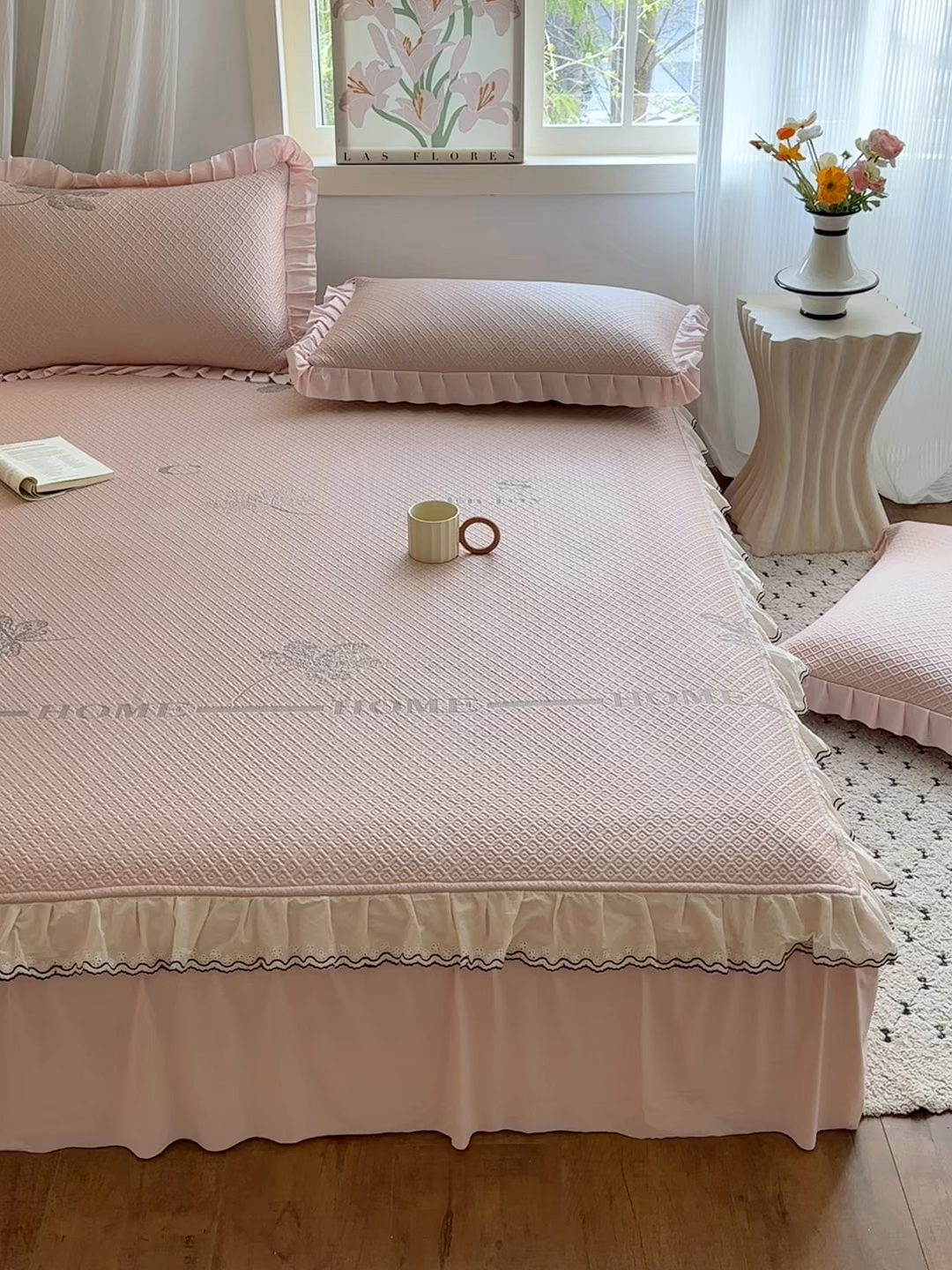 91家纺网 家纺一手货源 找家纺 美优兰 2026PE提花凉感冰豆豆三明治复合凉席 （提供买家秀） 晚亭粉