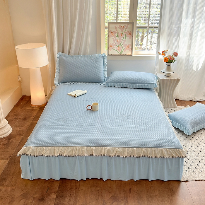 91家纺网 家纺一手货源 找家纺 美优兰 2026PE提花凉感冰豆豆三明治复合凉席 （提供买家秀） 晚亭蓝