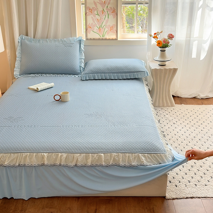 91家纺网 家纺一手货源 找家纺 美优兰 2026PE提花凉感冰豆豆三明治复合凉席 （提供买家秀） 晚亭蓝