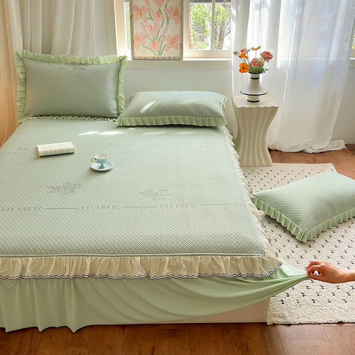 91家纺网 家纺一手货源 找家纺 美优兰 2026PE提花凉感冰豆豆三明治复合凉席 （提供买家秀） 晚亭绿